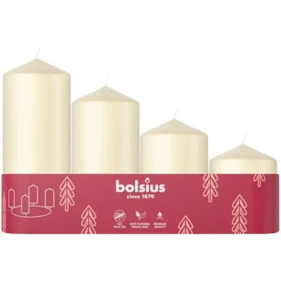 Imagen de Bolsius Juego de 4 Velas pilar lisas Temporada Adviento Color marfil Varios tamaños decorativas para el hogar Largo tiempo combustión Sin perfume Con cera vegetal natural