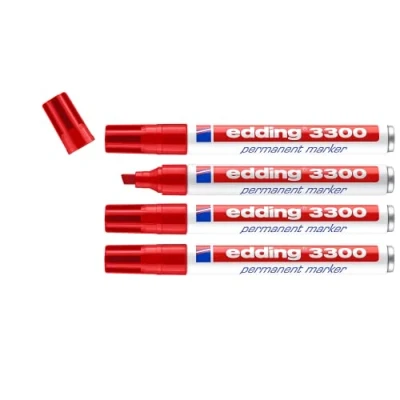 Imagen de edding 3300 marcador permanente rojo 4 rotuladores punta biselada 1 5 mm indeleble de secado rápido resistente al agua y a los borrones cartón, plástico, madera, metal, tela universal