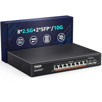 Imagen de YuanLey 9 Port 2.5G PoE Switch No Administrado, 8 x Base T Puertos PoE, 10G SFP, IEEE802.3af/at, 120W, Compatible con 100/1000/2500Mbps, Metal Fanless, Montaje en Rack Conmutador de Red 2.5Gbe