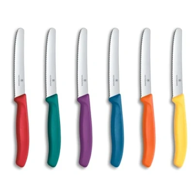 Imagen de Victorino Swiss Classic Juego de 6 cuchillos mesa y para tomate, con filo dentado, fabricados en acero inoxidable colores