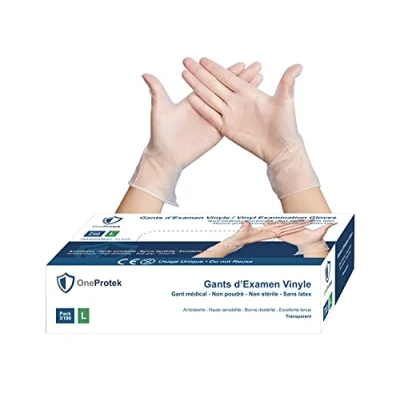 Imagen de 100 Guantes vinilo transparente OneProtek de examen desechables sin polvo ni látex Cómodo y resistente Talla L