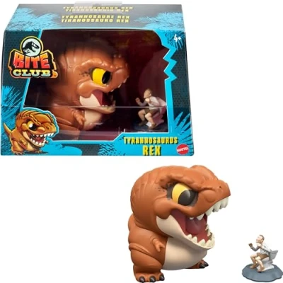 Imagen de Mattel ​Jurassic World Bite Club Figura coleccionable, Tyrannosaurus Rex Chubby Stylized Dinosaur de aproximadamente 4 pulgadas con accesorio​, HVB38