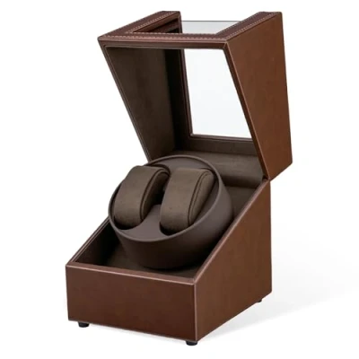 Imagen de Mcbazel Caja Giratoria para 2 Relojes,Watch Winder Automático Relojes de Pulsera con Ranuras, Diseño Piel Cocodrilo Marrón