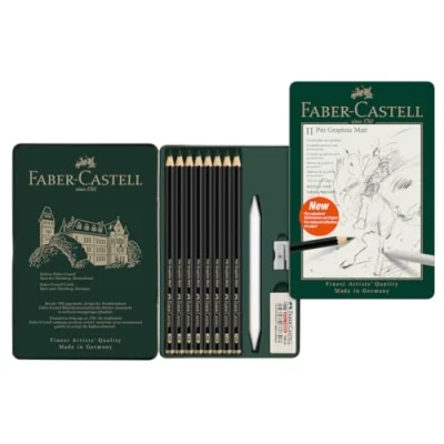 Imagen de Faber Castell 115220 . Estuche de metal con 8 lápices grafito Pitt Graphite Matt en HB, 2B, 4B, 6B, 8B, 10B, 12B, 14B, 1 difumino, goma, Sacapuntas