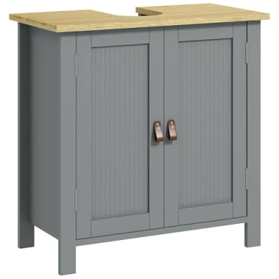 Imagen de kleankin mueble para lavabo, de baño bajo 2 puertas, estante ajustable, pisos en el interior, asas PU, 60 x 30 cm, color gris