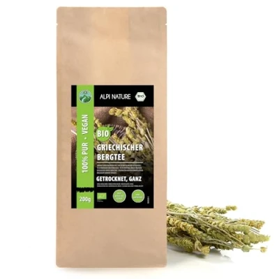 Imagen de té de montaña griego orgánico entero (200g), tallos flores enteros cultivo controlado, secado suave, 100% puro y natural para la preparación té, Sideritis Scardica Bio, Mursal
