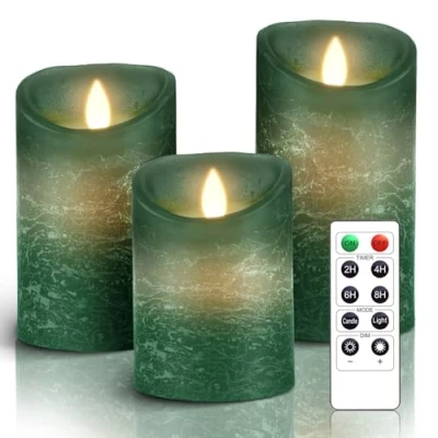 Imagen de AiiBowy LED Velas [3 piezas] sin llama, al aire libre, llama parpadeante, Control remoto, Función de temporización, Ajustar las luces, Navidad, Cumpleaños, Fiestas, bodas Verde