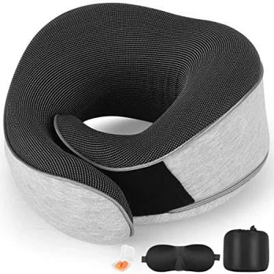 Imagen de AYhome Almohada de Viaje, Cervical Espuma con Memoria para Viajes, Viaje Avión Antifaz y Tapones Los Oídos(Gris Claro)
