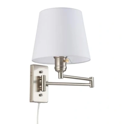 Imagen de BarcelonaLED Aplique de Pared con Brazo Articulado Cromado Nórdico Moderno Cable Enchufe e Interruptor Pantalla Blanca Tela Casquillo E27 para Lectura Dormitorio Mesita Noche Hotel
