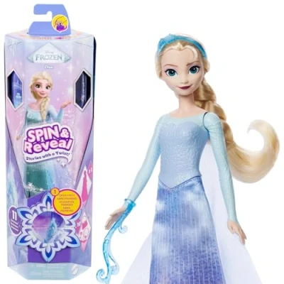 Imagen de Mattel Disney Frozen Spin &amp; Reveal Elsa Conjunto de muñeca moda, con 11 sorpresas, incluidos 5 accesorios, pegatinas y una escena juego, inspirado en la película Disney, JBG59