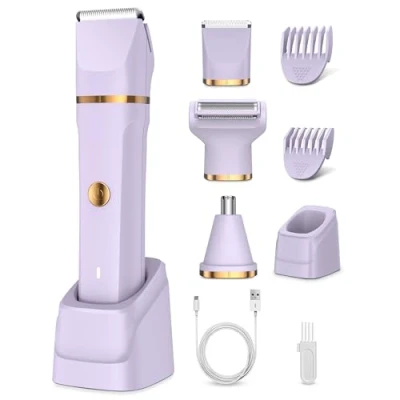 Imagen de Maquinilla de afeitar para mujer, 3 en 1, afeitadora eléctrica cuerpo, pubis y nariz, íntima mujeres IPX7 resistente al agua, uso húmedo seco, recortadora recargable, estación