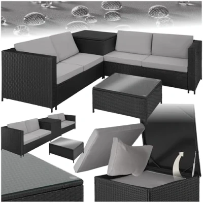 Imagen de TecTake® Conjunto Jardín de Ratán Combinable con Cojines Grosor 8 cm, Terraza en Acero y Resistente a la Intemperie, Muebles Exterior 2 Sofás, 1 Mesa, Caja Almacenaje Negro/Gris