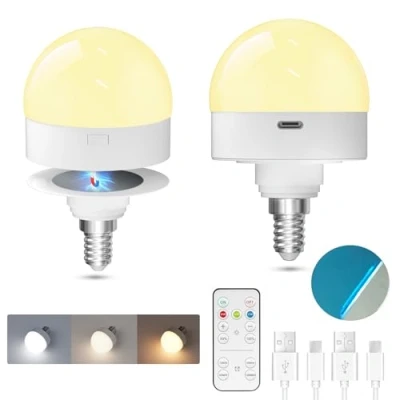 Imagen de TobeBright Bombilla Recagable USB C con Mando Casquillo E14, 3 Temperaturas de Color Regulables Bateria Recargable Imán para Iluminación Emergencia, Camping, Luces Nocturnas(2PCS)
