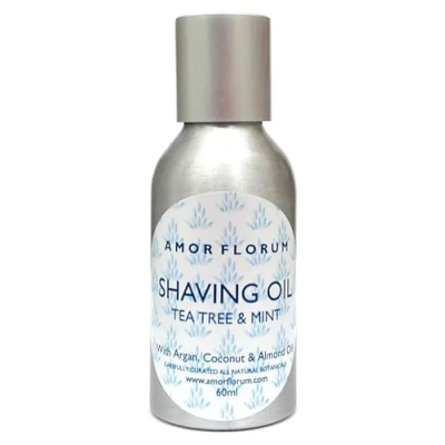 Imagen de 100% Puro Aceite de AFEITAR MENTA y ÁRBOL TÉ 60ml AMOR FLORUM BLU. Natural. Para un Afeitado Cómodo, la Piel Libre Irritaciones e Hidratada. Con Coco, Argán, Almendra.