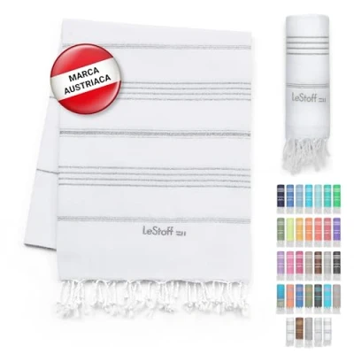 Imagen de LeStoff Fouta Premium 100% algodón orgánico Prelavado, sostenible, Absorbente y de Secado rápido Toalla Playa, baño, Ducha, Yoga, Sauna, Piscina Viaje (95 x 180 cm, White Silver)