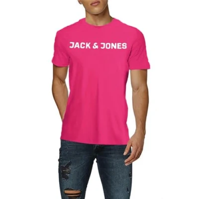 Imagen de JACK &amp; JONES Camiseta para hombre con logotipo, de cuello redondo, Rosa (Fuchsia Rose), XL
