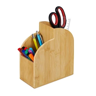 Imagen de Relaxdays Organizador Portalápices para Escritorio 2 Compartimentos, Lapicero Bambú Veteado, 20x17x9 cm, Natural