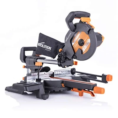 Imagen de Evolution Power Tools R210SMS 300+ Ingletadora deslizante multimaterial de 210 mm (230 V), con paquete plus, Corta acero dulce, aluminio, plástico, madera clavos incrustados