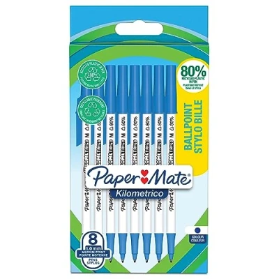 Imagen de Bolígrafos Paper Mate Kilométrico Escritura Larga con punta media (1,0mm) Tinta azul 80% plástico reciclado 8 unidades