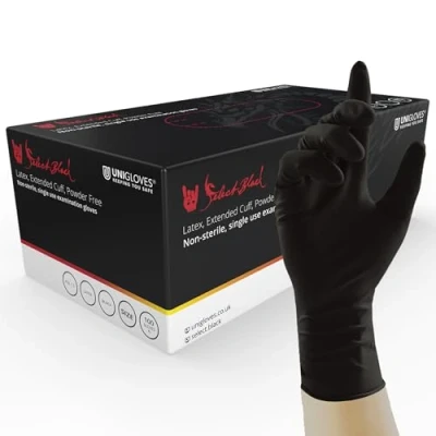 Imagen de UNIGLOVES Select GT0014 Guantes de látex negro para uso individual, multiusos, sin polvo, optimizados artistas del tatuaje, caja 100 pares, color negro, grande