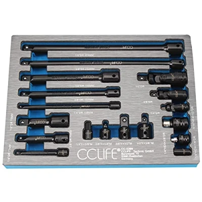 Imagen de CCLIFE 18 piezas Juego de Alargador Llave Vaso Extensiones Carraca 1/2&#039; 1/4&#039; 3/8&#039; con Junta Universal y Adaptadores,CR V