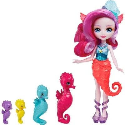 Imagen de Royal Enchantimals Ocean Kingdom Muñeca Sedda Sea Horse con familia de mascotas caballitos mar juguete (Mattel HCF73)