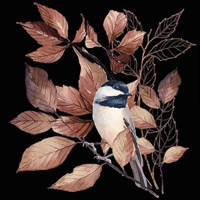 Imagen de 20 Servilletas de papel con diseño pájaro en hojas marrones negro como decoración mesa. diseño. También para decoupage y (33 x 33 cm)