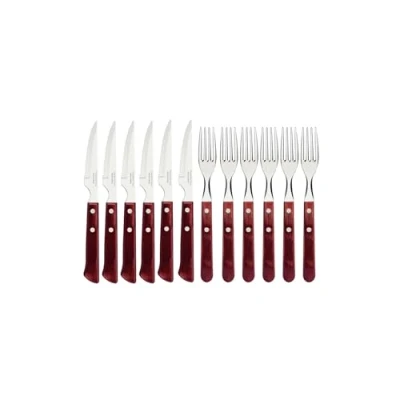 Imagen de Tramontina Juego de 12 cubiertos para carne estilo español, con 6 cuchillos y tenedores, acero inoxidable, mango madera auténtica en rojo, FSC