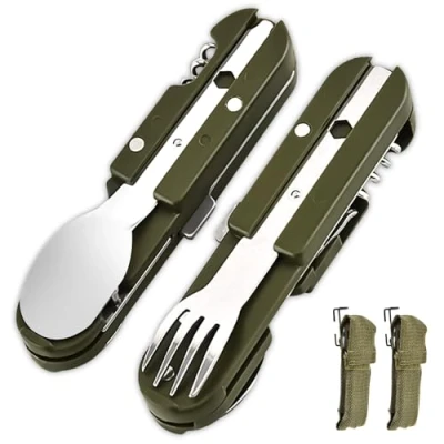 Imagen de juego de 2 cubiertos plegables para camping, acero inoxidable 5 en 1, abrebotellas, como cuchillo, tenedor, cuchara, portátiles