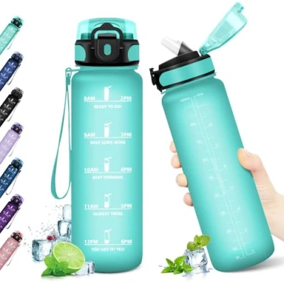 Imagen de KollyKolla Botella Agua 1 litro, Motivadora, de con Pajita, Prueba Fugas, Reutilizable Cantimplora para Adulto, Colegio, Gimnasio, Oficina, Bicicleta, Gym, Fitness