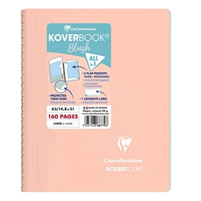 Imagen de Clairefontaine 366779C Cuaderno de espiral Koverbook Blush, 160 páginas desmontables, 14, 8 x 21 cm, 90 g, con rayas, tapa polipropileno envuelta, color coral y azul esmerilado