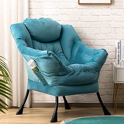 Imagen de HollyHOME Sillon Relax Terciopelo para Salón, Sillón Silla, Lectura Dormitorio Comodos Sofá de Acero, Lago Azul