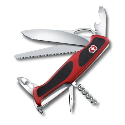 Imagen de Victorinox Ranger Grip 79 Navaja multiusos con 12 funciones, incluyendo hoja bloqueo para una mano, de color rojo/negro