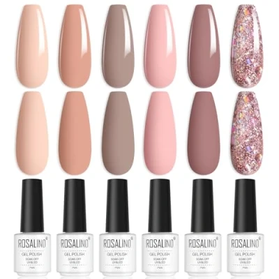 Imagen de ROSALIND Pintauñas Semipermanentes, Nude Esmaltes Semipermanentes para Uñas, 6 Colors Rosa Beige Champán Glitter de Uñas en Gel UV LED Principiantes Art DIY Casa