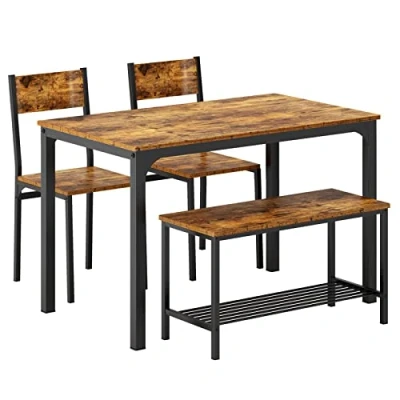 Imagen de SogesHome Juego de Mesa Comedor 4 Piezas 2 sillas y Banco con Estante Madera Estructura Acero para Cocina