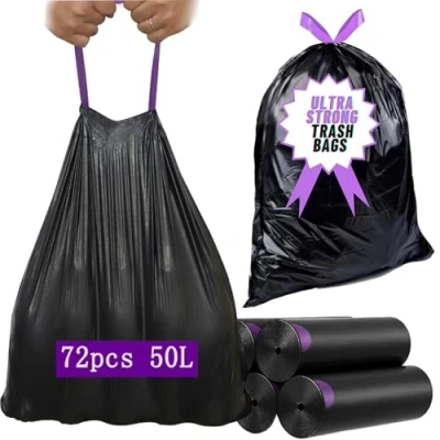 Imagen de Manfâ 50L Bolsas Basura, 60x70cm con Cordón 45 Piezas,Bolsa Basura Gruesas Resistentes Al Desgarro para El Hogar y La Oficina, Herméticas a Los Líquidos,Negro