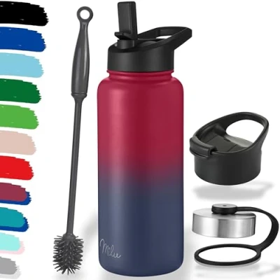 Imagen de Milu Botella de Agua, 500ml, 750ml, 1000ml (+3 Tapas) Acero Inoxidable, Libre BPA, Para Bebidas Calientes, Frías y Carbonatadas (Azul Berry, 1l)