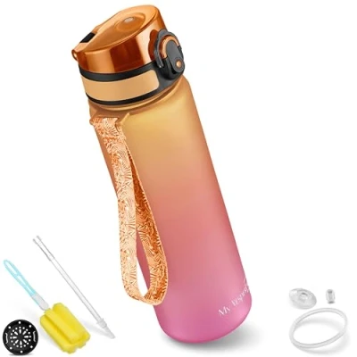 Imagen de My Vesperbox Minny Botella infantil a prueba de fugas 350, 500 o 750 ml, con pajita colador. agua ligera Tritan, sin bisfenol A, para guardería, escuela (naranja rosa, ml)