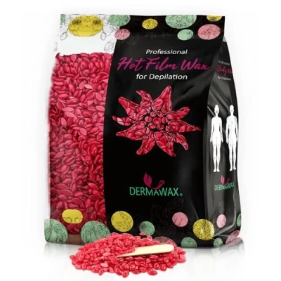 Imagen de Dermawax Cera depilatoria caliente de fusión suave rosa Depilación sin tiras para todas las áreas, así como la cara Piernas Brazos brasileña y tipos piel particularmente sensibles 500 g
