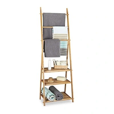 Imagen de Relaxdays Toallero bambú Plegable, pequeño ropero, 3 estantes, Barras, 4 Ganchos Laterales, 152 x 53 31, Madera
