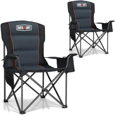 Imagen de OVERMONT Silla de Camping Plegable Grande 2Pcs Playa Portátil con Reposabrazos Bolsa Nevera Portabebidas Soporta 204 kg para Pesca