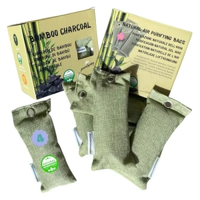 Imagen de Mh MediterraneanHabitat 4 Saquitos de Carbón Activo Bambú 75g. Deshumidificador, Purificador Aire y Eliminador Olores Natural para Casa, Coche Armarios Sacos Bolsas Carbon