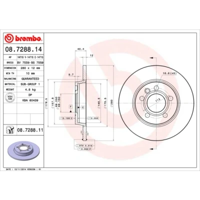 Imagen de BREMBO 08.7288.14 Disco de freno 280 12 5 macizo VOLKSWAGEN: Transporter 4 Bus, 4, California Westfalia T4 Bus