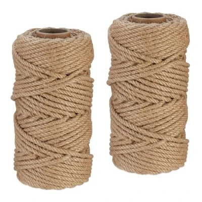 Imagen de Relaxdays Cuerda de Yute 6 mm, 2 Rollos 50 m Cada uno, Biodegradable, Manualidades, Jardín, Embalaje, Natural
