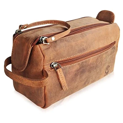 Imagen de Neceser de Cuero para Hombre Artesanal Todos Tus artículos Aseo Viaje (Marrón)