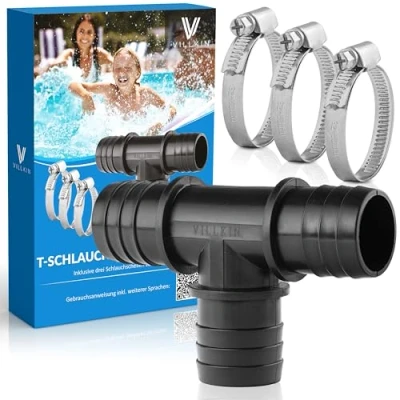 Imagen de Villkin Conector de manguera en T con 3 abrazaderas para la piscina, 38 mm, boquilla mangueras color negro