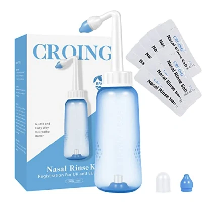 Imagen de CROING 𝗟𝗮𝘃𝗮𝗱𝗼 𝗡𝗮𝘀𝗮𝗹 80 Paquetes de Sal + Botella 300 ml Neti Pot Lavado Nasal Yoga Nariz Limpiador