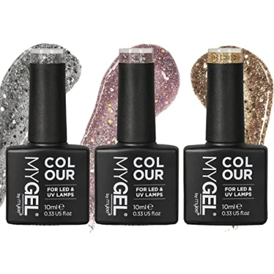 Imagen de Trío de esmaltes uñas gel Mygel Mylee brillantes con purpurina 3x10 ml, Manicura y pedicura UV/LED, Para uso profesional doméstico. larga duración fácil aplicar
