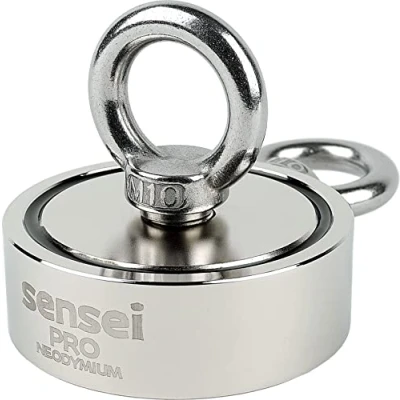 Imagen de Imán SENSEI 250 kg, de Neodimio Doble Cara N52 con Gancho Superior y Lateral, Ø7,5 x H2,5 cm, Muy Potente para Hogar, Taller, Pesca en el Agua
