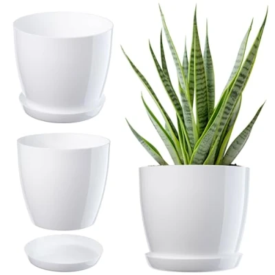 Imagen de KADAX maceta con plato, redonda para interiores, elegante de plástico, ligera flores y plantas el hogar (18 cm diámetro, color blanco)